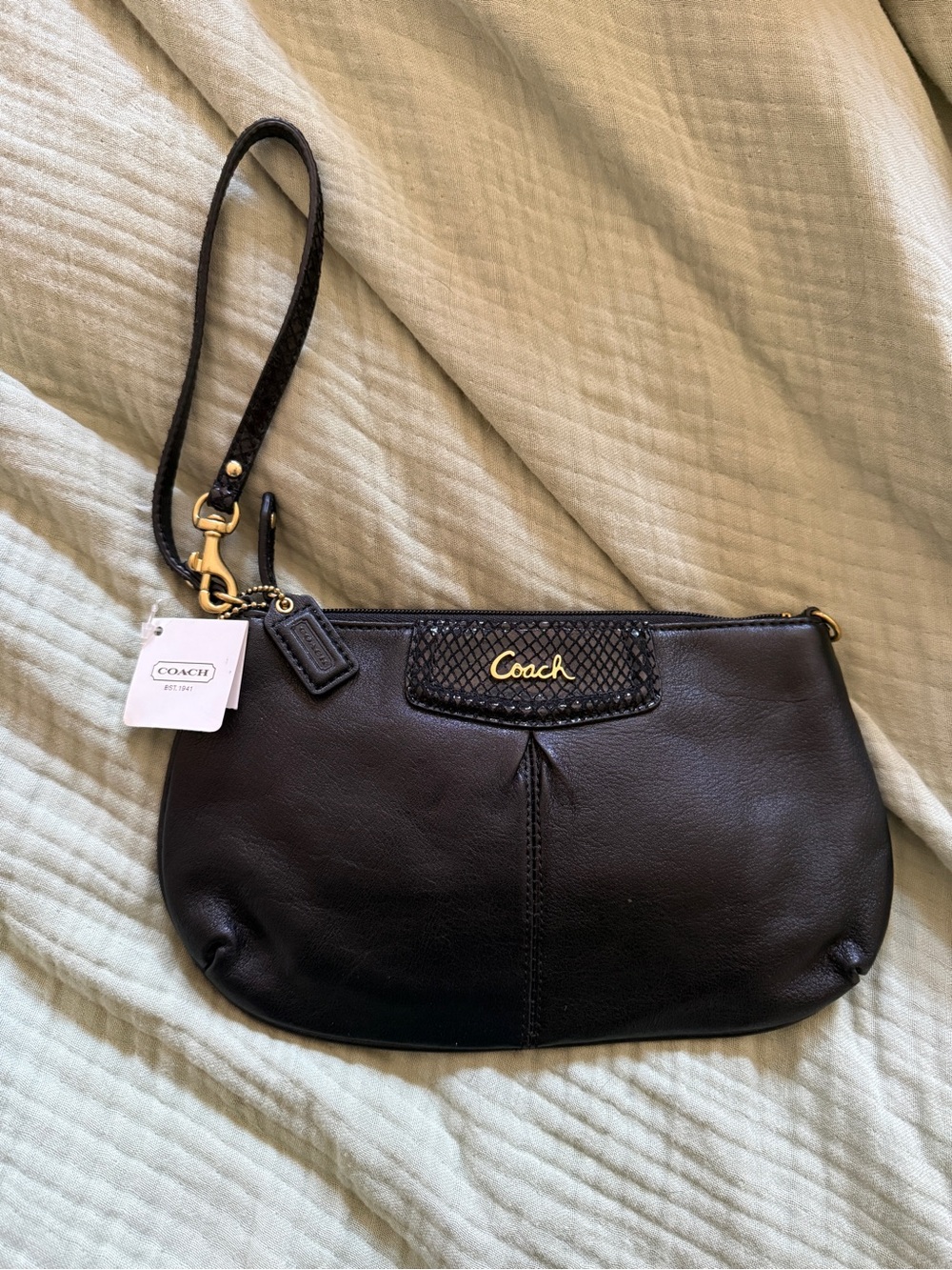 Coach Black Leather Wristlet with Gold Logo